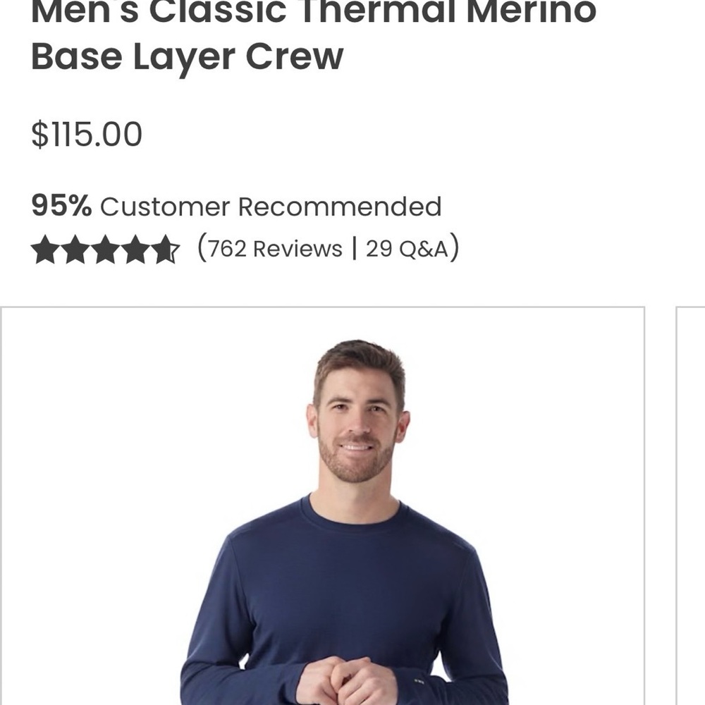 Smartwool Men's 100% merino base layer crew. Navy. Size Small. EUC. $35.
